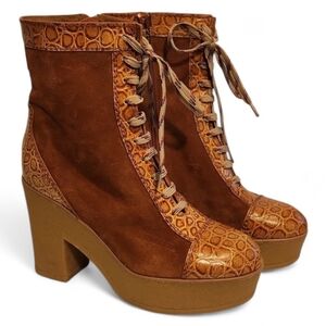 See by Chloe Platform Lace Up Suede and embossed Leather Boots Size 10